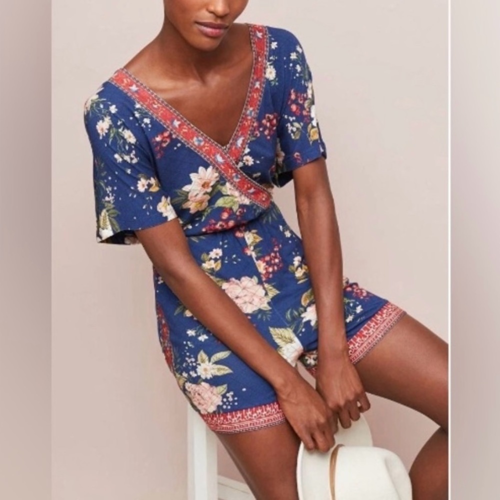 Farm Rio Anthropologie Estelle‎ Floral Romper Women XS Stretchy Crossover V-neck
